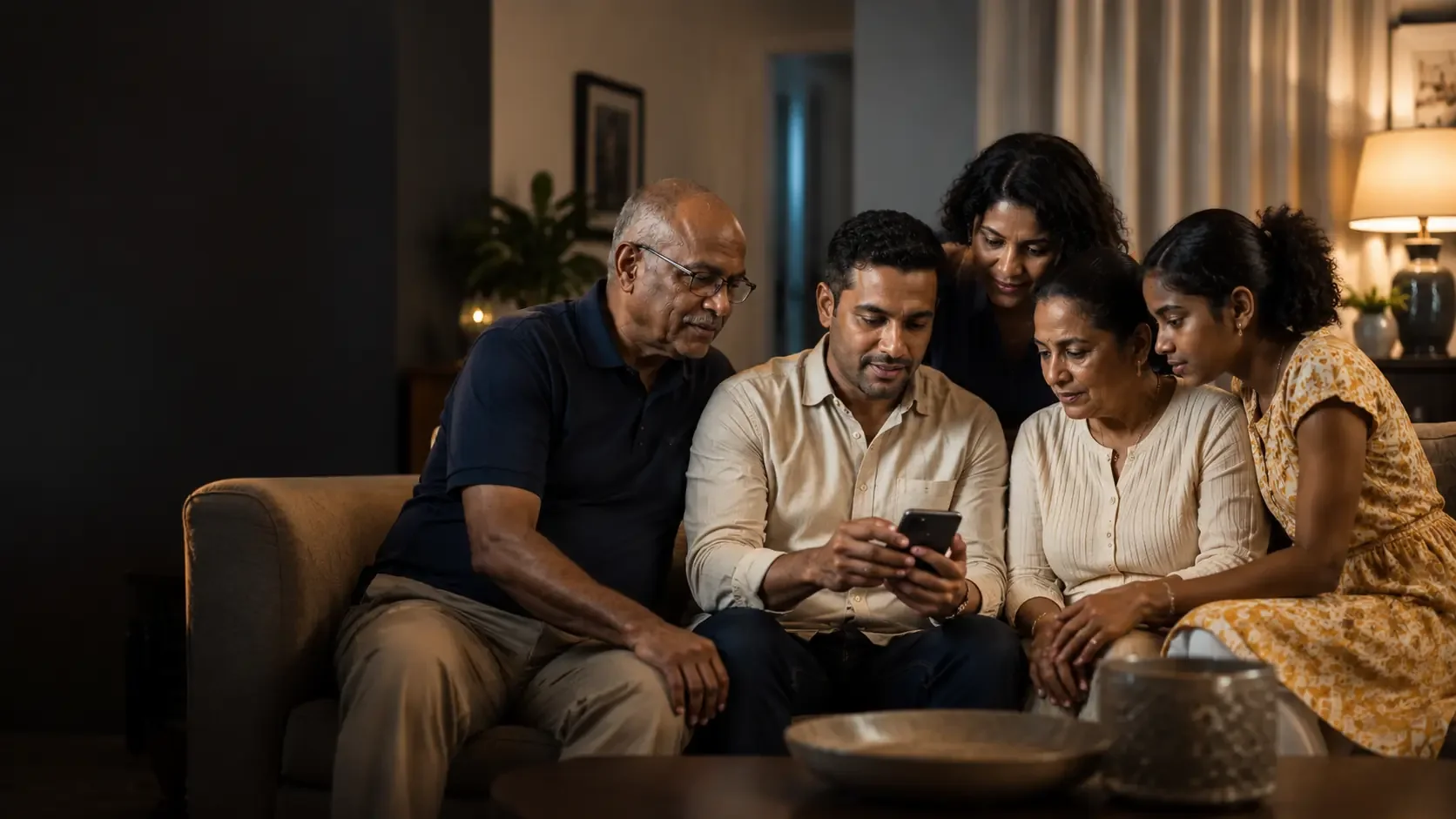 A family looking together at the Clique app on a phone at home